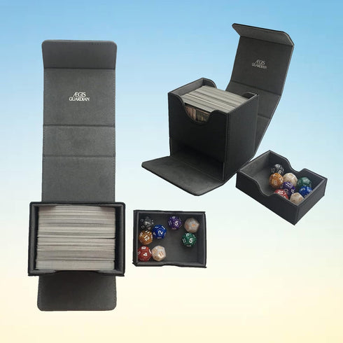 AEGIS GUARDIAN Card Deck Box with Dice Tray for MTG Cards - Fits 150+ Sleeved Cards, Black