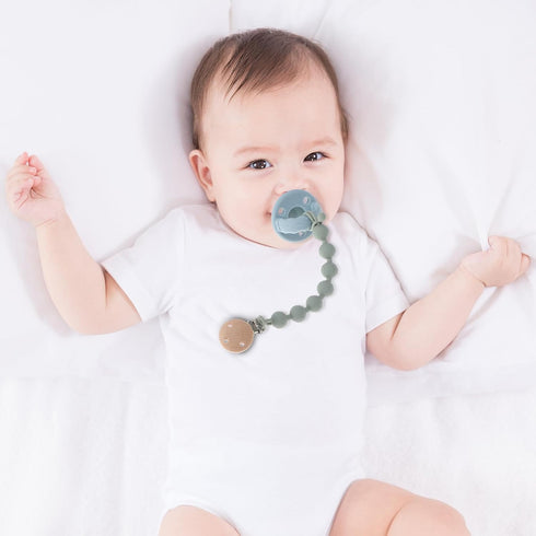 Silicone Pacifier Clips for Baby, 2-in-1 One Piece Design Pacifier Holder & Teething Ring Toy, BPA Free, 2 Pack (Sage+Ether)
