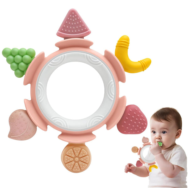 Baby Teething Ring Toy for 3-12 Months, Silicone Infant Teether for Sore