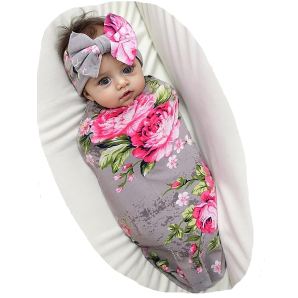 Galabloomer Newborn Receiving Blanket Headband Set, Baby Flower Rose Swaddle with Big Bow, Gray