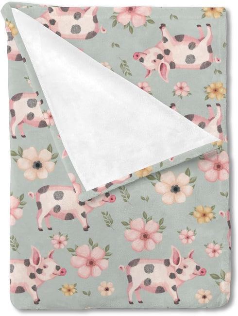 Baby Pig Boho Retro Floral Blanket, 30x40, Farm Animal Flannel Soft Swaddle for Boys and Girls