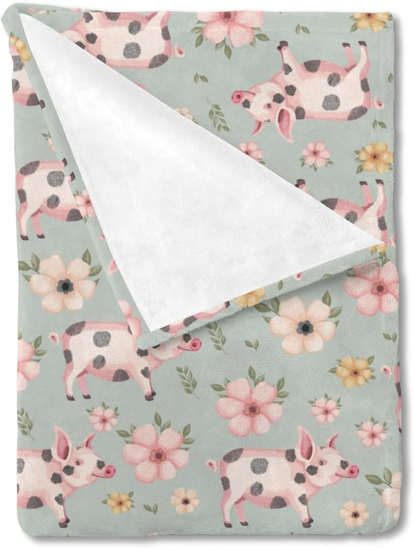 Baby Pig Boho Retro Floral Blanket, 30x40, Farm Animal Flannel Soft Swaddle for Boys and Girls