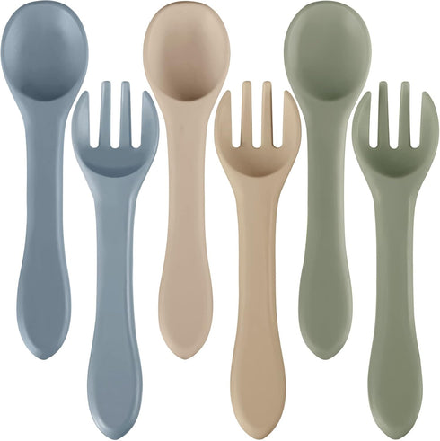 6 Pieces Silicone Baby Feeding Forks and Spoons Set, Hot Safety First Stage Self Feeding Supplies for 6 Months+