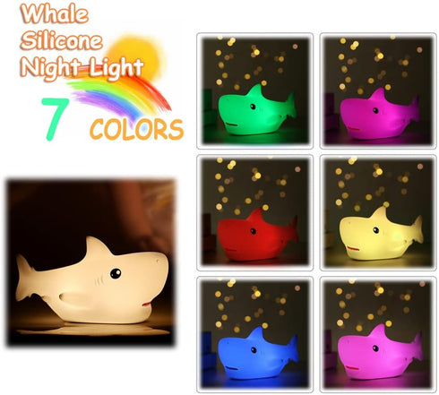 7-Color TriPro Silicone Shark Night Light for Kids Nursery Soft Touch LED Baby Room Lamp, Touch-Control USB