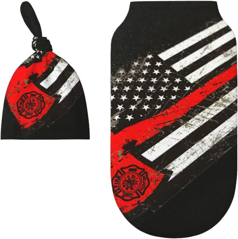 USA Thin Red Line Firefighter Axe Pattern Baby Swaddle Blanket, 100% Cotton with Beanie Hat Set for Infant Gifts