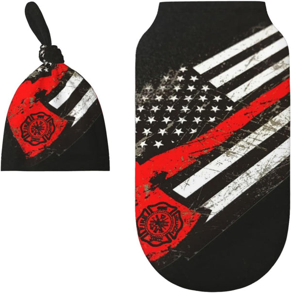 USA Thin Red Line Firefighter Axe Pattern Baby Swaddle Blanket, 100% Cotton with Beanie Hat Set for Infant Gifts