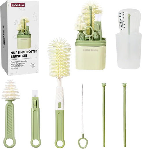 BOVELLA Baby Bottle Brush Set-Travel Bottle Cleaner Kit with Silicone Brush,Drying Rack,Nipple Brush,Straw