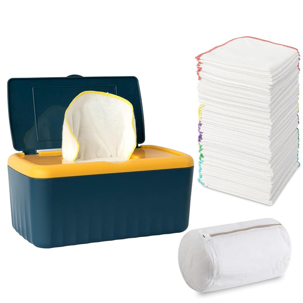 54 Packs Flannel Reusable Baby Wipes with Blue Wipes Dispenser, Reusable &