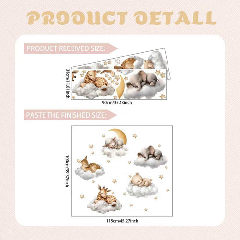 Sleeping Animals Wall Decals,Dreamy Clouds & Star Theme Art Wall Sticker Decors,Peel and Stick Elephants, Bears, Deer