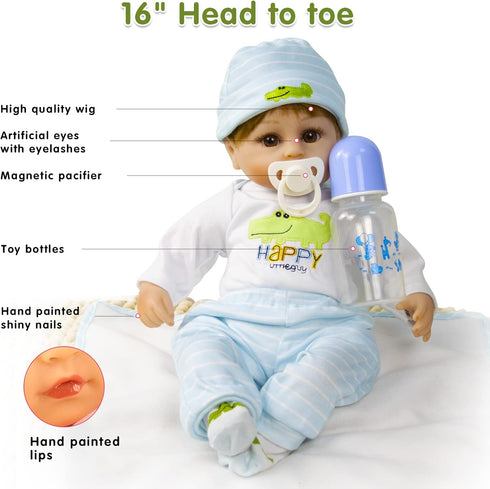 16" Set 3 Realistic Reborn Dolls Boy, Lifelike Silicone Vinyl Baby Realistic Baby Dolls Toys Looks Real with Weighted