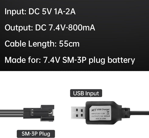2PCS 7.4V 800mh USB Charging Cable with SM-3P Plug for RC Excavator, Truck, Tank, Huina 1575 RC Engineering Vehicle