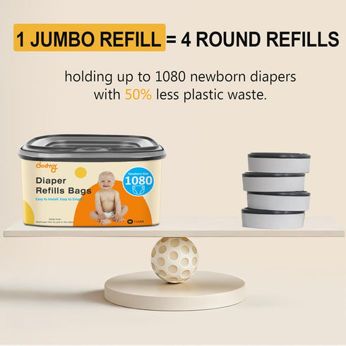 1080 Pack 2 Jumbo Square Diaper Bags Refill Compatible with Diaper Genie Classic/Compact/Select Pails, Holds up