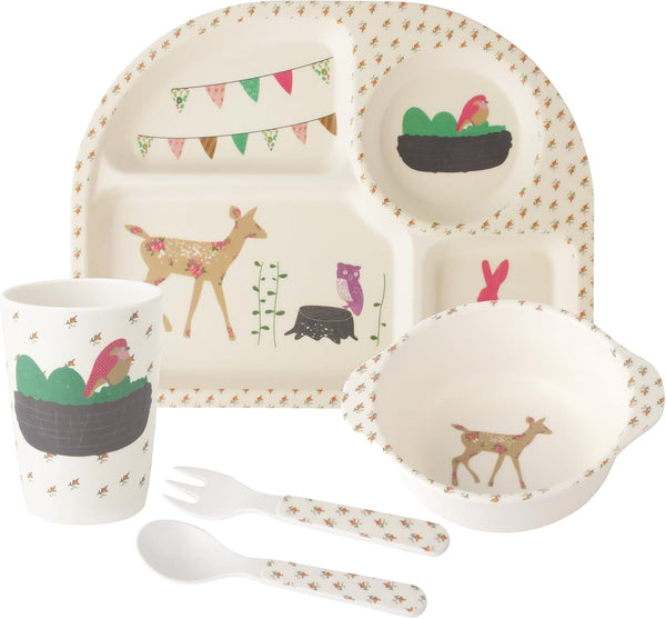 Bamboo Toddler Dinnerware Set, 5Pcs Kids Plates and Bowls Set, Includes Plate, Bowl, Cup, Fork, and Spoon