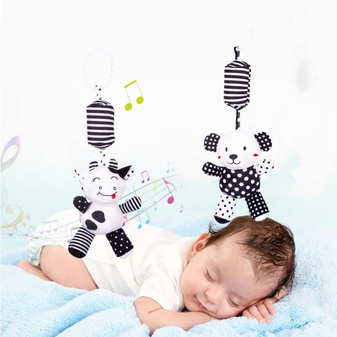 Baby Car Seat Toys - Black White Stroller Toy Stretch Plush Toys for Crib Mobile - Newborn Sensory Toy