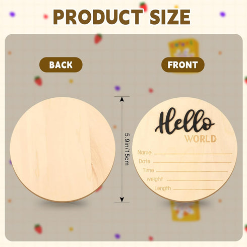 ROLYTA 5.9 Inch Baby Announcement Sign, Wooden Hello World Newborn Signs, Newborn Welcome Sign for Photo Prop Baby