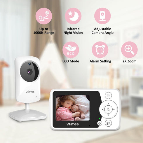 VTimes 2 2.4" 1000ft Baby Monitor with Cameras, LCD Screen Video Baby Monitor No WiFi Night Vision VOX Mode Alarm