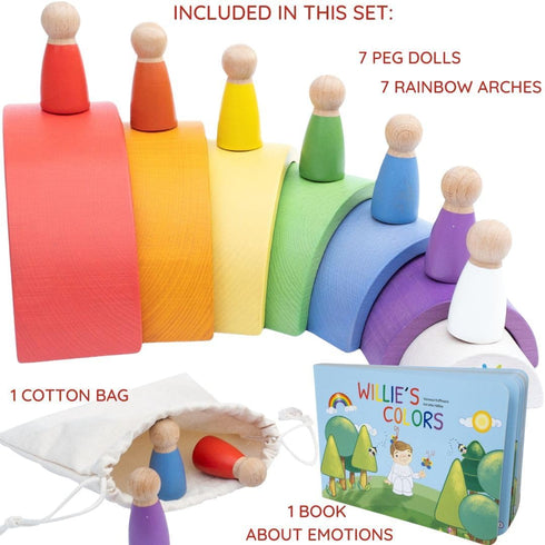 Montessori Nesting Rainbow Toy - Wooden Stacking Set with Arches, Peg Dolls & Story Book for Ages 3+