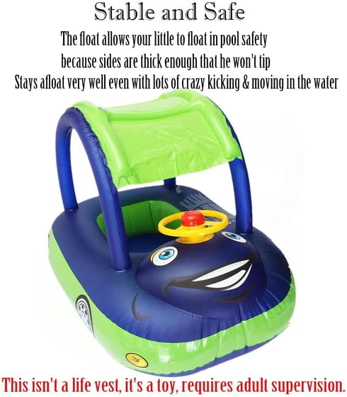 Summer Baby Pool Float with Canopy Steering Wheel Sunshade Swim Ring Car Inflatable Toys Infants Float Seat Boat