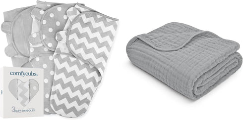 Comfy Cubs Easy Swaddle Blanket, 3 Pack, Small for 0-3 Months Infants and Muslin