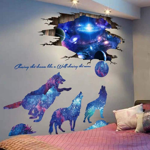 3D Blue Starry Sky Wolf Moon Wall Decals, Removable PVC Magic 3D Milky Way Outer Space Planet Wall Sticker