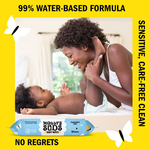 99% 576 (9 Packs) Molly's Suds Sensitive Clean Baby Wipes | Water, Plant-Based, Fragrance Free | Total Wipes Flip-Top