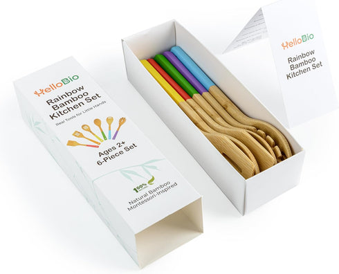 Set 6-Piece 2+ Rainbow Bamboo Kitchen Utensil for Kids Montessori-Inspired Real Cooking Tools | Ages | Natural Bamboo |