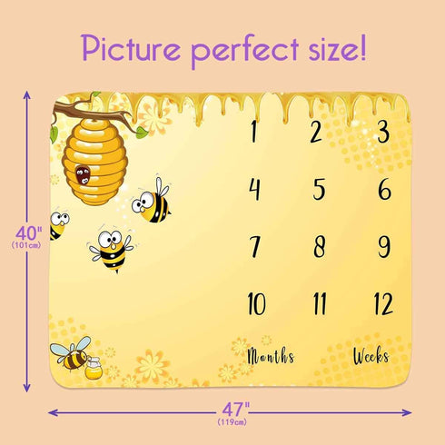 Baby Age Milestone Blanket, Bee Honeycomb Growth Chart for Nursery, 1-12 Months, Includes 4 Frame and 1 Headband 47"x40"