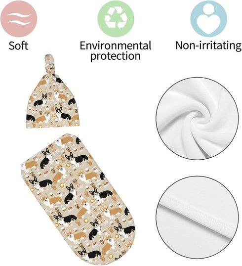 Norchzi Set Corgi Newborn Swaddle Blanket with Hat Baby Stuff Receiving Blankets Soft Transition Sleep Sacks Gifts