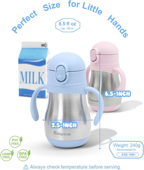 1-3 8oz Bakpoco Stainless Steel Straw Sippy Cup for Toddlers Years Old, Insulated Toddler Water Bottle Baby Training