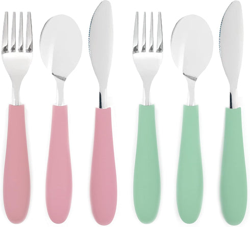 Elk and Friends Kids Silverware with Silicone Handle, Childrens Safe Flatware, Spoon + Fork + Knife Set, 6 Pieces, 4