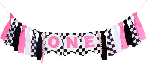 1st JOYMEMO Fast One Birthday High Chair Banner - Pink Black Race Car Birthday Party Decorations, Girl, One Year Old