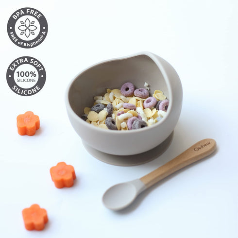 Ginbear Baby Bowls with Suction First Stage, Silicone Bibs, Baby Feeding Spoons, Baby Led Weaning Supplies for Ages 6 Months+ (Almond) by Ginbear