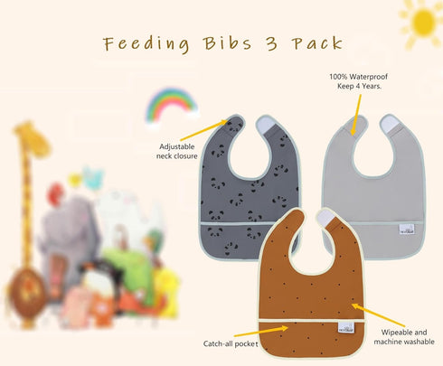 Baby Bibs for Eating - Waterproof Baby Feeding Bibs 3 Packs Washable for 6-24 Months