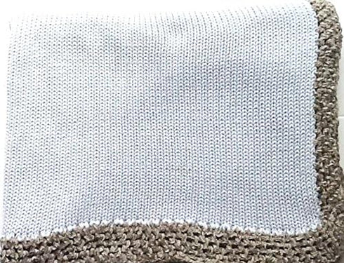 BUBU Knitted Crochet Finished Light Blue Cotton Baby Blanket Trimmed Grey Chenille