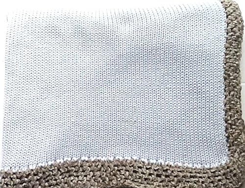 BUBU Knitted Crochet Finished Light Blue Cotton Baby Blanket Trimmed Grey Chenille