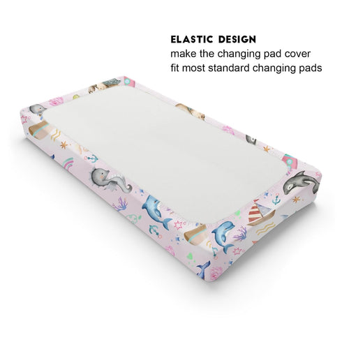 Colorful Sea Animals Baby Changing Pad Covers for Boys & Girls, 32''x16'', Soft Nautical Life Sheets