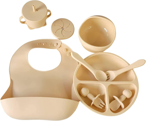 Baby Silicone Feeding Set - 8 in 1 First Stage Toddler Utensils with Bib, Sippy Cup, Suction Bowl, Fork & Spoon Sets
