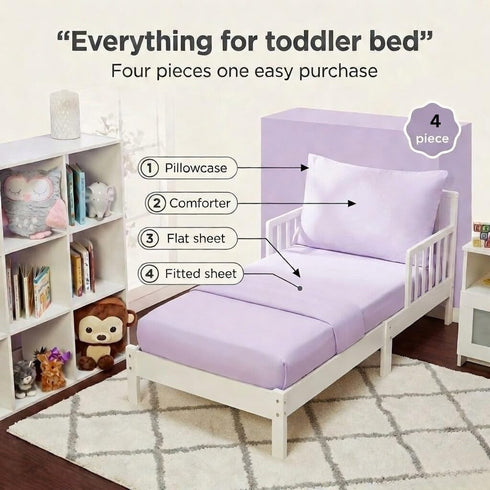 4 Set EVERYDAY KIDS Piece Toddler Bedding - Includes Comforter, Flat Sheet, Fitted Sheet and Pillowcase - Solid Purple