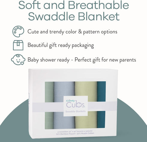 Pack 4 Comfy Cubs Muslin Fitted Crib Sheet and Swaddle Blankets Bundled