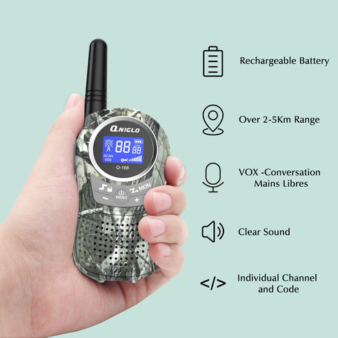 QNIGLO Kids Camping Walkie Talkies, Rechargeable Camo for Outdoor Adventure Game, Hiking, Army Police Toys for Ages 3-12