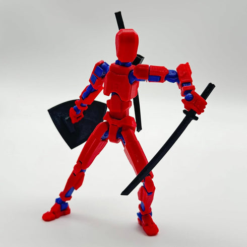 3D Printed Figure Dummy13, 5.54-inch with Weapon Expansion Set, Full Body Movable Toy, Desk Decoration (Red)
