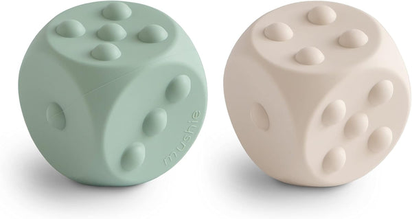 mushie Silicone Dice Press Toy, Baby Sensory Play for 10+ Months (Cambridge Blue/Shifting Sand)