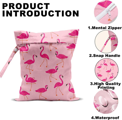 CQM 12x10 Inch, Seamless Pink Flamingo Wet Bags Flamingos Pattern Waterproof Travel Laundry Bags, Reusable Wet Dry Bag