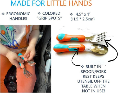 Kids Utensils Toddler Silverware Set x 3 - Stainless Steel Fork Spoon with Travel Case, 6 Pieces Orange Blue