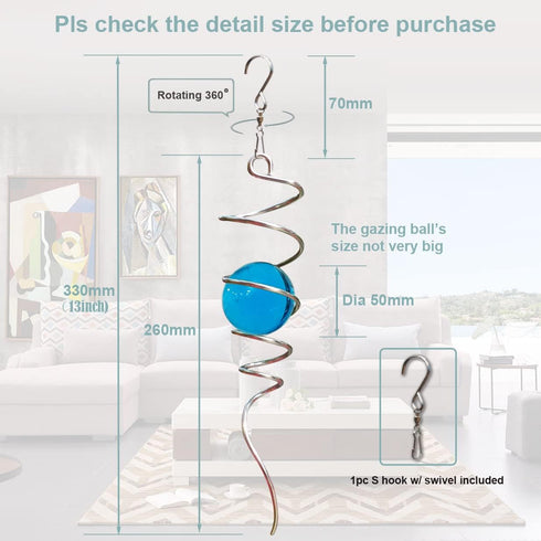 Gazing Ball Spiral Decorative Wind Spinner, 13 Inch with Swivel Hook and 2 Inch Aquamarine Glass Ball for Unique Indoor