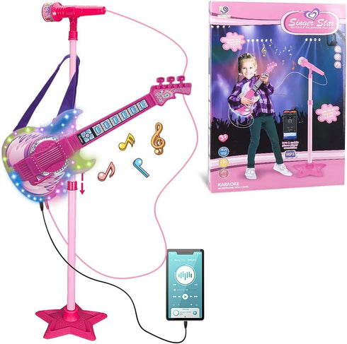 TAKIHON Guitar and Microphone Set for Kids,Guitar Toys with Music&Colorful Light,Adjustable Height