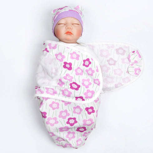17-22 Inch 2 Reborn Baby Doll Swaddle Blanket Girl Purple Flowers Wrap Blanket Pcs - Swaddle Blanket + Hat, Reborn