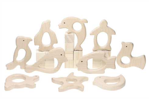 Penta Angel 10Pcs Wood Teething Rings, Natural Wood Toys for Infants, Turtles, Swallows, Dolphins, and More