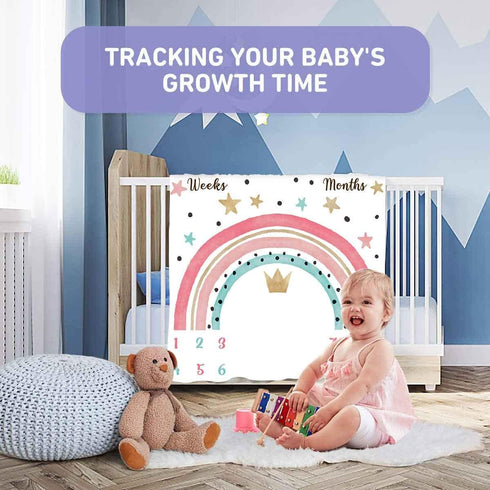 Colorful Rainbow Baby Monthly Milestone Blanket, Girl Crown Star Pattern, 47"x47", Includes 4 Frames and 1 Headband