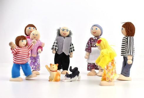 Wooden Dollhouse People Family with 2 Pets (Dog and Cat), 2-4 Inches Doll House Dolls